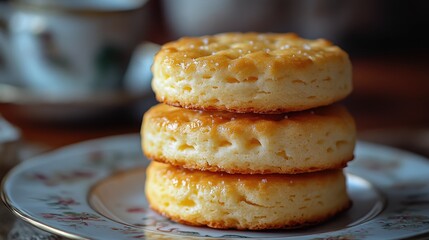 Poster - Freshly baked fluffy biscuits stacked on a delicate floral plate with a cup in the background, creating a cozy breakfast scene.
