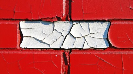 Poster - Textured old red brick wall featuring cracked white paint detail, showcasing weathered surfaces and vintage character.