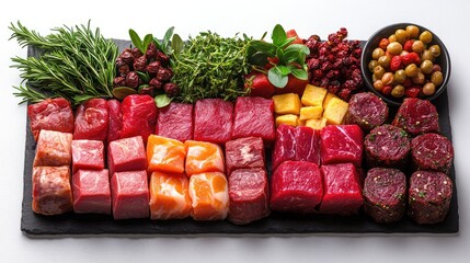 Poster - Assorted premium meat cuts and fresh herbs displayed on a slate platter with fruits and olives on a white background