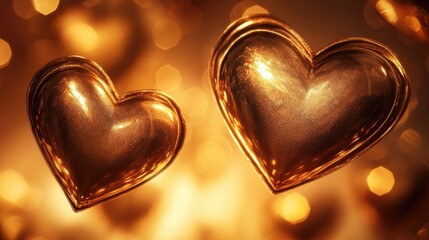 Poster - Golden heart shapes with a warm bokeh light background ideal for Valentine's Day and Christmas celebrations.
