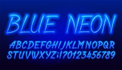Aufkleber - Blue Neon alphabet font. Hand drawn neon color letters and numbers. Stock vector typeface for your design.