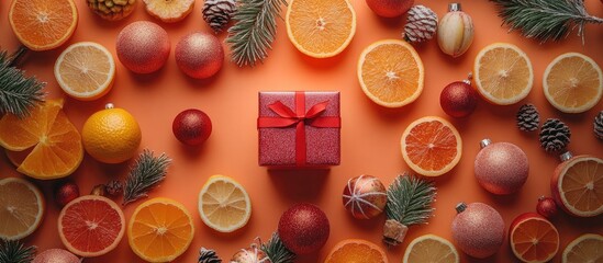 Poster - Colorful holiday greeting cards arrangement with gift box and seasonal decorations on vibrant background