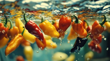 Poster - Colorful peppers splashing into water creating dynamic bubbles and ripples showcasing freshness and vibrancy in culinary photography