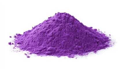 Poster - Vibrant violet powder mound on white background showcasing fine texture and vivid color ideal for artistic and decorative uses