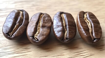 Poster - Freshly Roasted Coffee Beans Displayed on a Wooden Surface Ideal for Coffee Enthusiasts and Culinary Promotions
