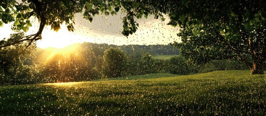 Poster - serene landscape with rain falling through trees illuminated by sunset creating a peaceful and refre