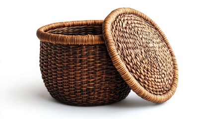 Poster - Wicker storage basket with a lid, positioned on a clean white background, showcasing intricate weaving patterns and natural textures, home decor, organization, rustic style.