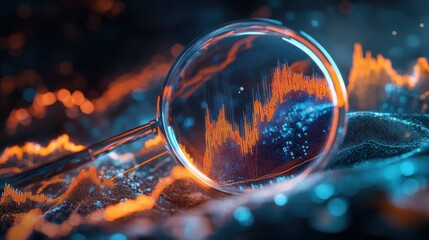 Poster - Magnifying glass over upward trending stock market graph with abstract blue and orange design
