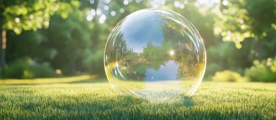 Poster - A large iridescent soap bubble reflecting a lush garden with sunlight glimmering on a serene green lawn