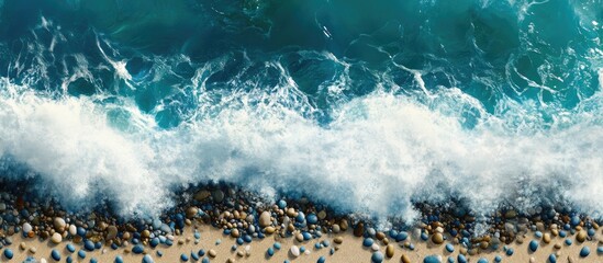 Poster - Tranquil beach scene with pebbles on shore and gentle waves crashing in turquoise water under bright sunlight.