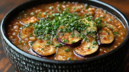 Poster - Nutritious eggplant miso soup garnished with fresh herbs in a dark bowl showcasing a wholesome meal perfect for comfort food lovers