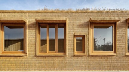 Poster - Facade of a modern panel house showcasing textured walls and wooden window frames enhancing architectural aesthetics