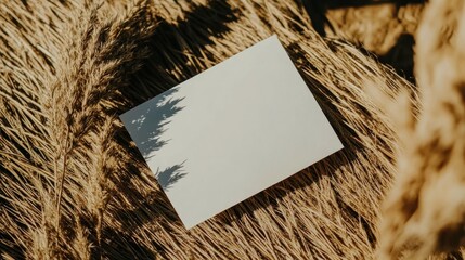 Poster - Minimalistic blank card mockup featuring pampas grass on neutral beige textile background for elegant design presentations.