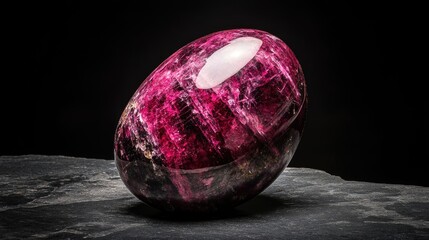 Poster - Polished rubellite gemstone resting on slate against a black background showcasing its vibrant colors and smooth surface shine.