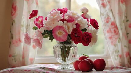 Poster - Still life featuring a vibrant bouquet of roses in a crystal vase with fresh apples on a floral tablecloth by a sunny window.