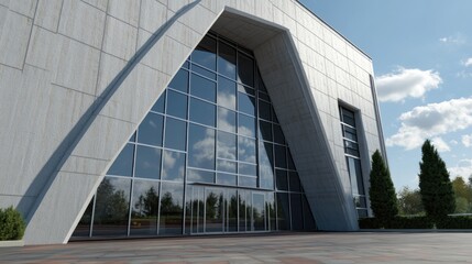Poster - Contemporary architectural design of a sleek business center featuring large glass windows and distinctive angular facade under a clear blue sky
