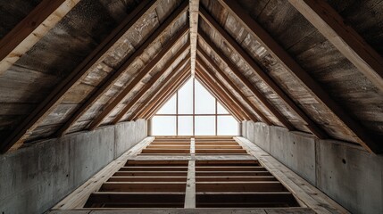 Poster - Interior view of a wooden house under construction showcasing the wooden beams and roof structure with a central window allowing natural light