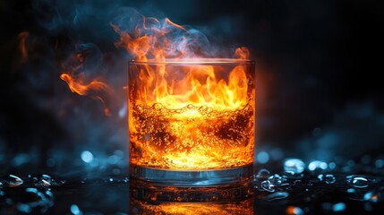 Fototapete - Fiery orange flames engulfing ignited paper in a glass vessel against a dark backdrop with shimmering reflections on water surface.