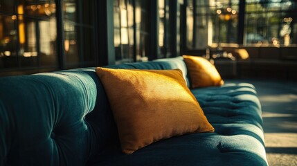 Aufkleber - Cozy yellow pillows on elegant blue sofa in sunlit modern interior showcasing stylish home design and comfort ambiance