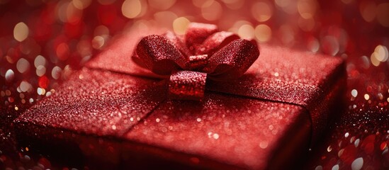 Poster - Elegant red glitter gift box adorned with a pleated ribbon against a shimmering background for festive celebrations and gifting occasions.