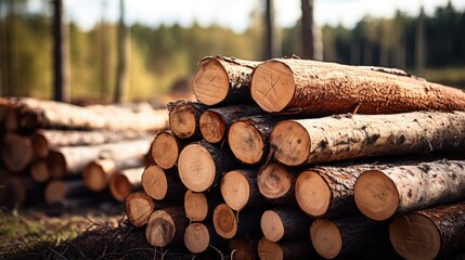 Poster - close-up of neatly stacked logs in a serene forest setting showcasing natural textures and warm sunl