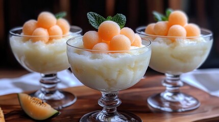 Poster - Korean bingsu dessert with creamy ice and cantaloupe melon balls garnished with fresh mint in elegant serving glasses