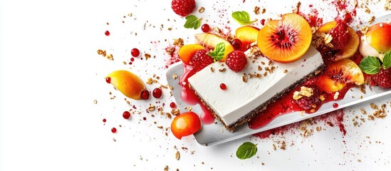 Poster - Cheesecake slice on a metal spatula garnished with fresh fruits and colorful sauce in a minimalist kitchen setting