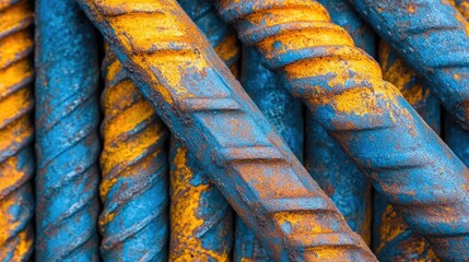 Aufkleber - Rusty steel bars with blue and orange textures arranged in a chaotic pattern showcasing industrial beauty and weathered metal surfaces.