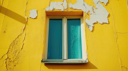 Poster - Flaking wall paint on a weathered yellow building with a blue window showing signs of aging and peeling textures.