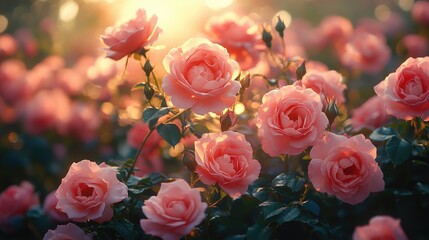 Aufkleber - beautiful pink rose blossoms illuminated by sunlight in a serene garden setting with soft bokeh background and lush greenery