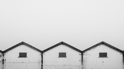Poster - Rooftops creating a minimalist architectural skyline against a foggy sky showcasing clean lines and geometric shapes.