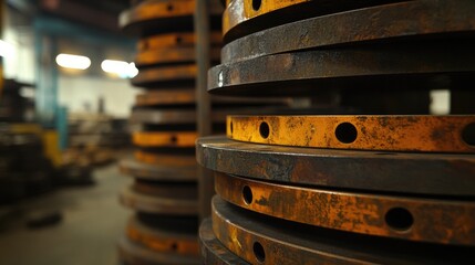 Poster - Industrial steel flanges stacked for piping systems showcasing manufacturing processes and materials in a factory environment.
