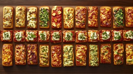 Poster - Variety of delicious rectangular pizzas showcasing diverse toppings and baked goods on a wooden surface in an inviting layout