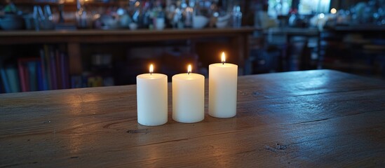 Poster - Serene ambiance of three lit white candles on a rustic wooden table in a cozy and inviting setting.