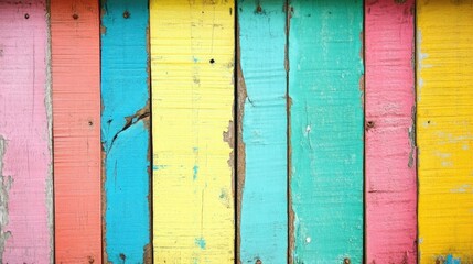 Poster - colorful vintage wood texture with weathered planks in shades of blue, pink, yellow, and green, show