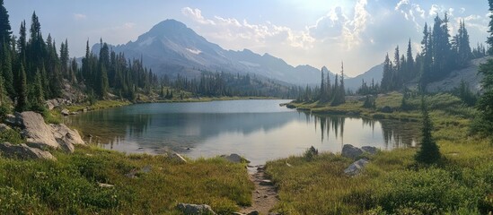 Poster - Serene mountain lake surrounded by lush greenery and towering peaks reflecting in calm waters under a clear blue sky