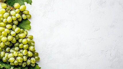Poster - Fresh green grapes and vibrant leaves arranged on a textured white background showcasing natural produce and healthy eating concepts