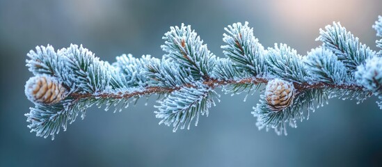 Poster - frosted pine branches with snow-covered needles and pinecones in a serene winter landscape
