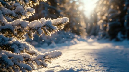 Poster - winter forest scene with snow-covered branches and icicles glistening in sunlight creating a serene 