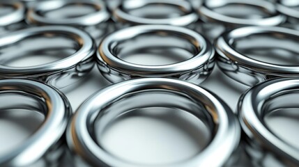Poster - Shiny metal rings arranged artistically on a clean white background showcasing modern design and focus on texture and reflections.