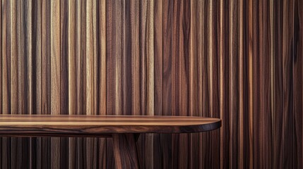Poster - Elegant polished wooden table against a backdrop of richly textured wooden wall showcasing natural grain patterns and warm tones.