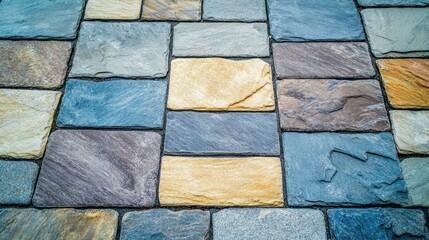 Poster - Close up of textured paving slabs in various colors creating a decorative outdoor surface pattern