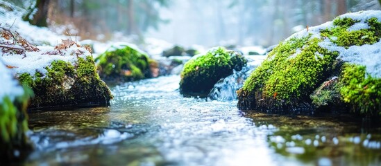 Poster - winter stream flowing through a snow-covered forest with mossy rocks and serene nature landscape in 