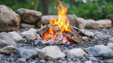 Poster - Campfire with vibrant flames surrounded by stones and gravel in a natural outdoor setting