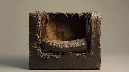 Poster - Vintage box-shaped worn-out chair showcasing distressed furniture design and texture for artistic and conceptual purposes.
