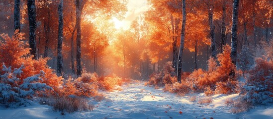 Poster - Serene winter forest landscape at dawn with vibrant orange and white colors creating a magical atmosphere in nature's tranquility
