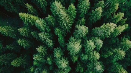 Aufkleber - Aerial view of dense green coniferous forest showcasing lush trees and nature's tranquility and beauty