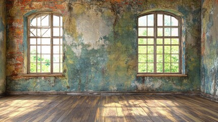 Poster - Vintage empty interior room with weathered walls and large windows showcasing natural light and outdoor greenery