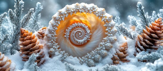 Poster - Winter scene featuring a white shell surrounded by pine cones amidst a serene snowy landscape with soft atmospheric lighting