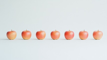Poster - Freshly harvested apples arranged in a neat row on a clean white background showcasing their vibrant colors and natural shine.